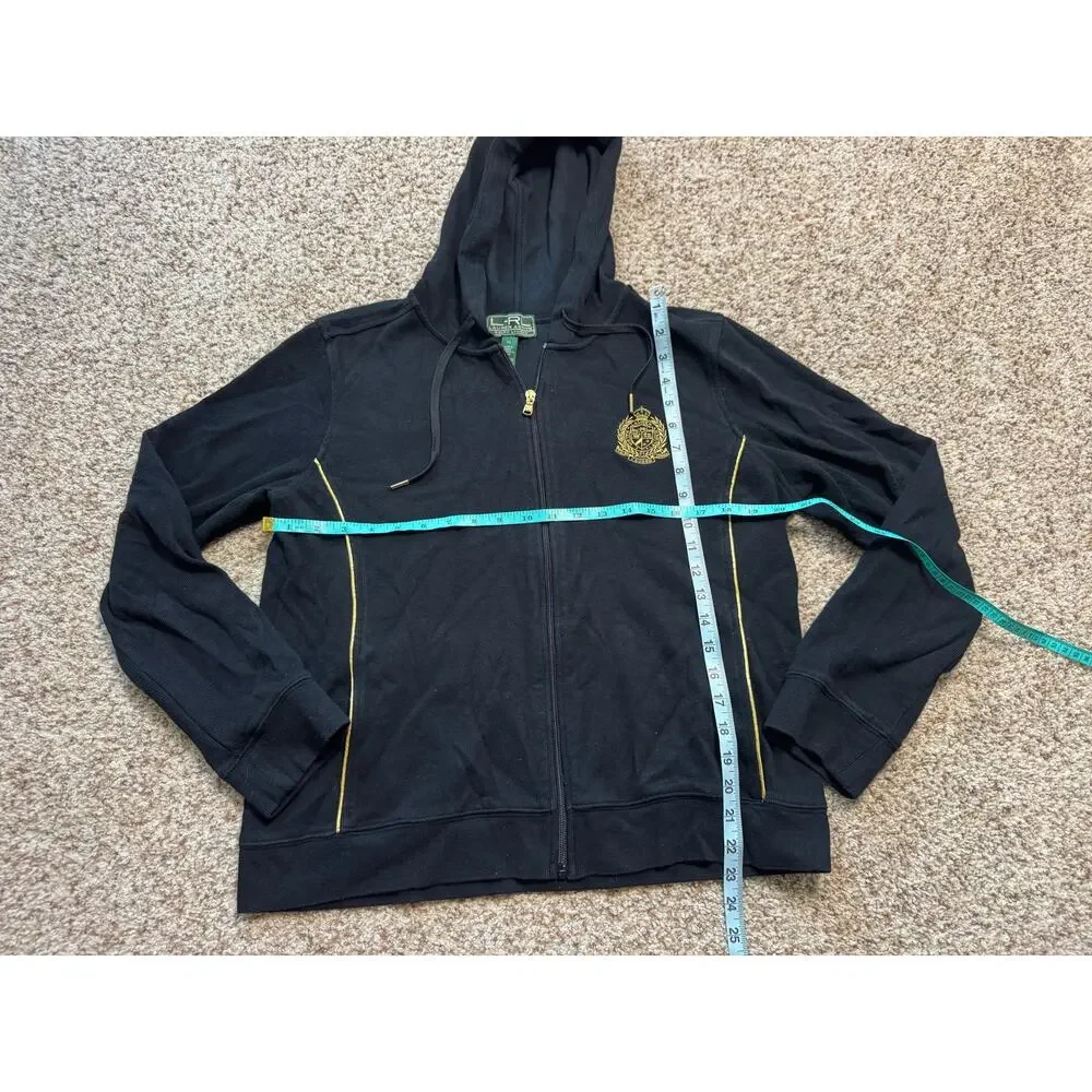 Lauren Active Ralph Lauren Zip Up Hoodie Womens XL Black Gold Crest Knit Jacket